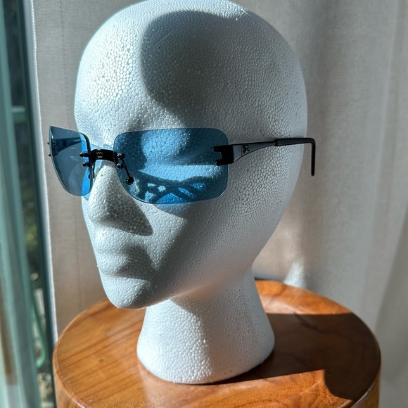 Vintage Chanel Black Matte Metal Frameless Blue Lense Sunglasses with Case - Picture 1 of 13